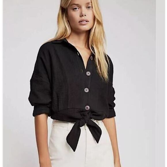 Free People Size Medium M Black Sunstreaks Tie Front Collared Button Gauze Top - Picture 2 of 7